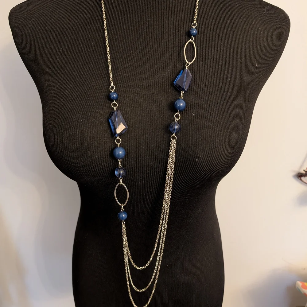 Long Blue Bead & Chain Women's Necklace